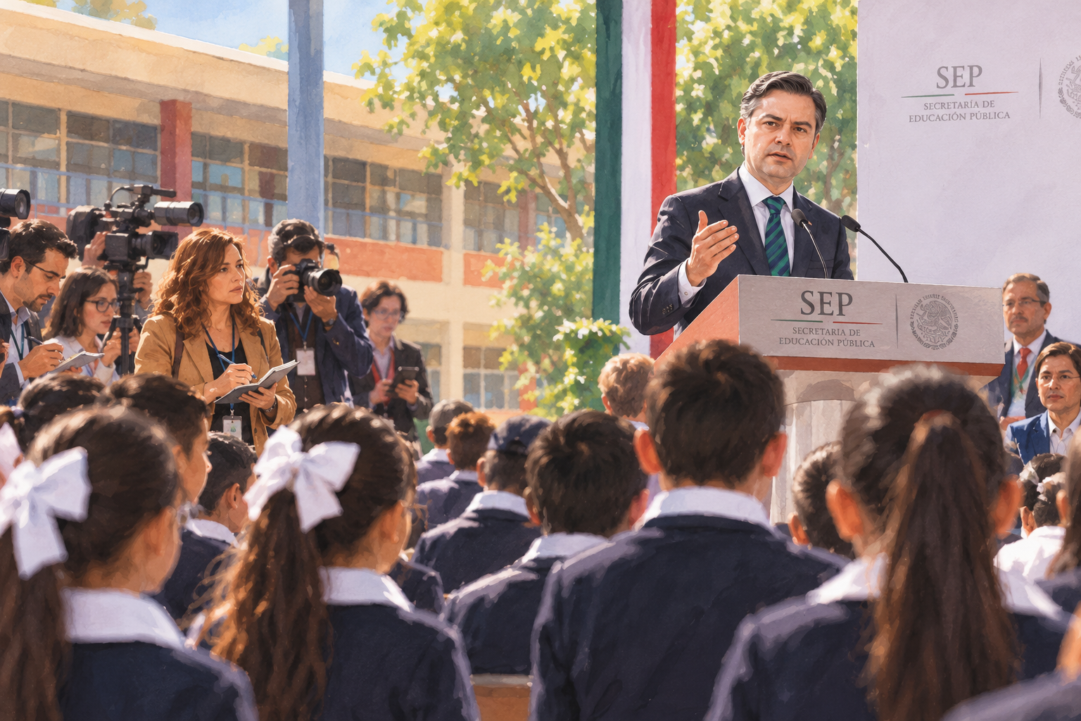 Ceremonia escolar con discurso y prensa